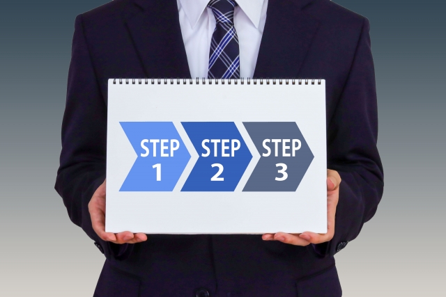 「STEP」と書かれた紙を両手で持つビジネスマン