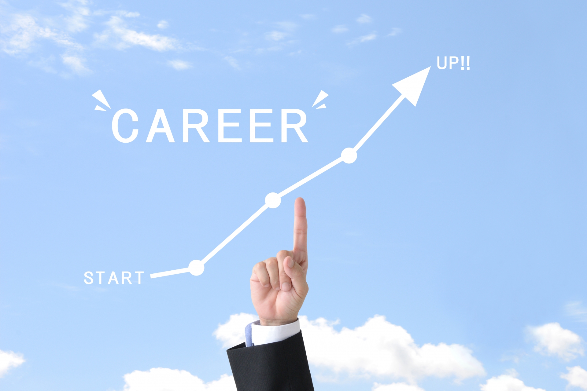青空に「CAREER」の文字と右肩上がりの矢印を指さす男性の腕