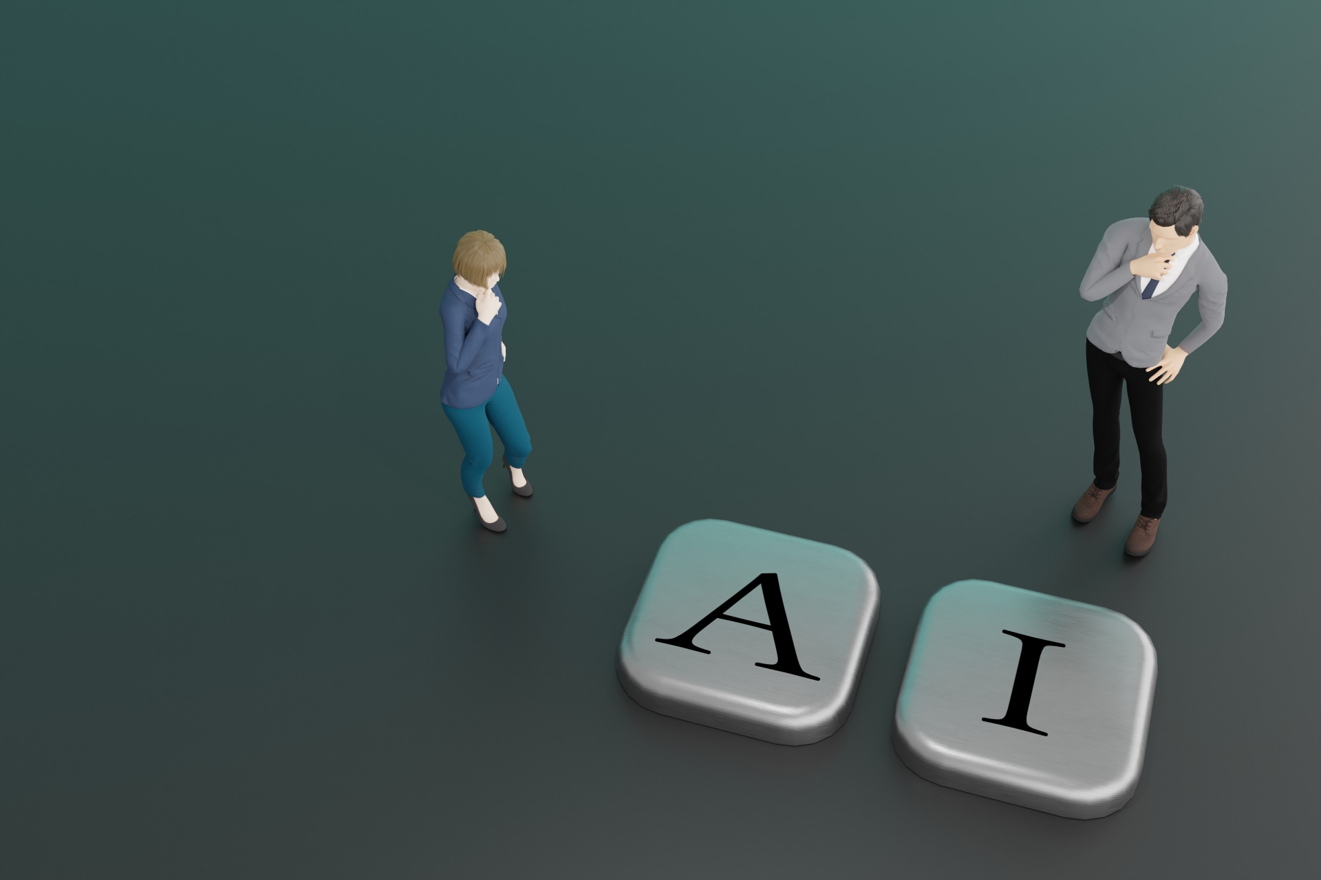 AIの文字と考え込む人形