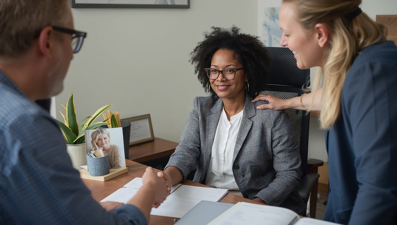 デスク越しに握手する2人と、一方の肩に手を置く人